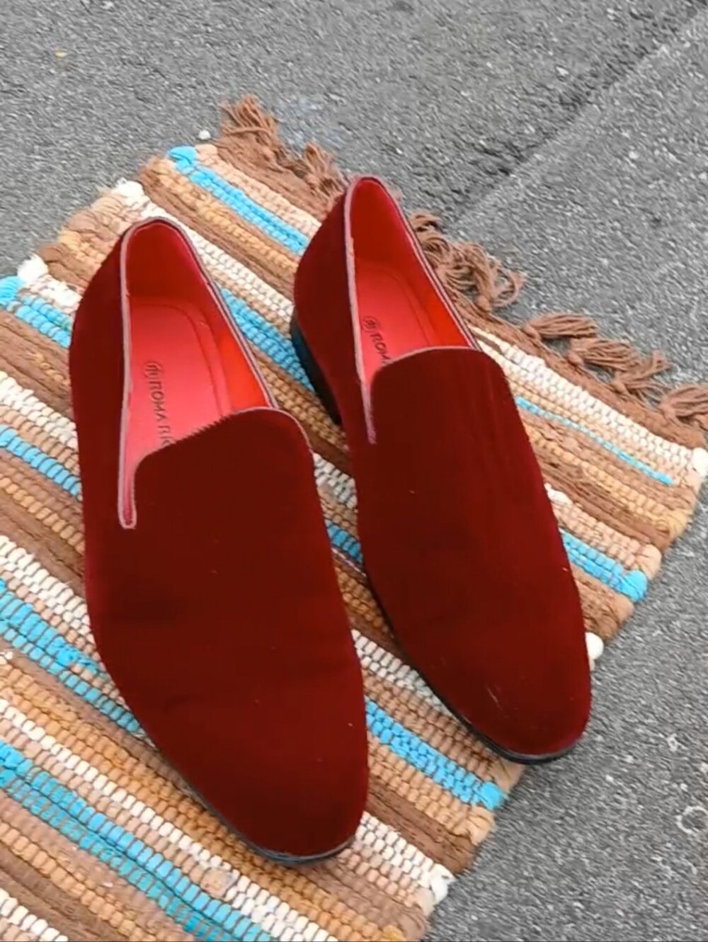 Roma Rio Men's Red Velvet Smoking Slippers Loafers Shoes + Dust Bag